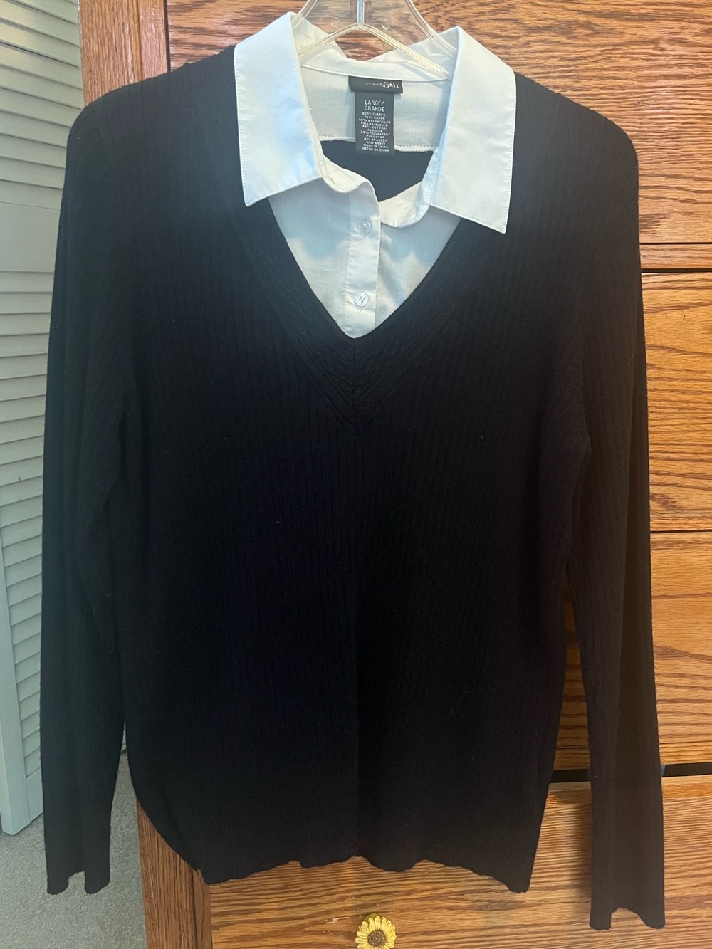East 5th Black V-Neck Sweater with White Attached Collar